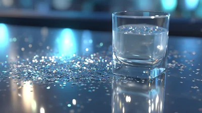 Glass Of Water With Glitter On Reflective Surface