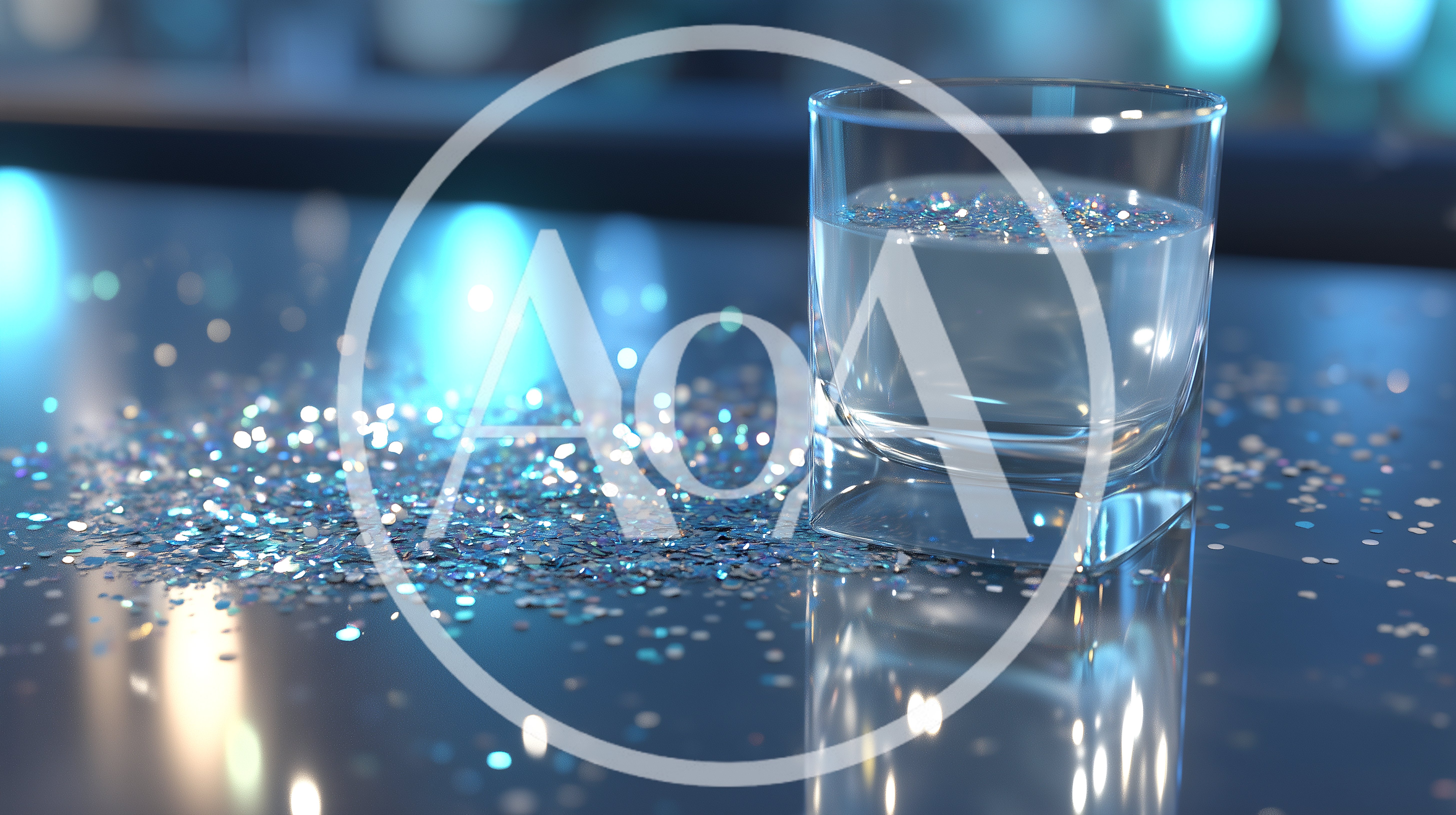 Glass Of Water With Glitter On Reflective Surface