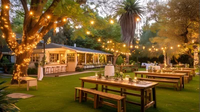 Outdoor Evening Wedding Reception Setup In Garden