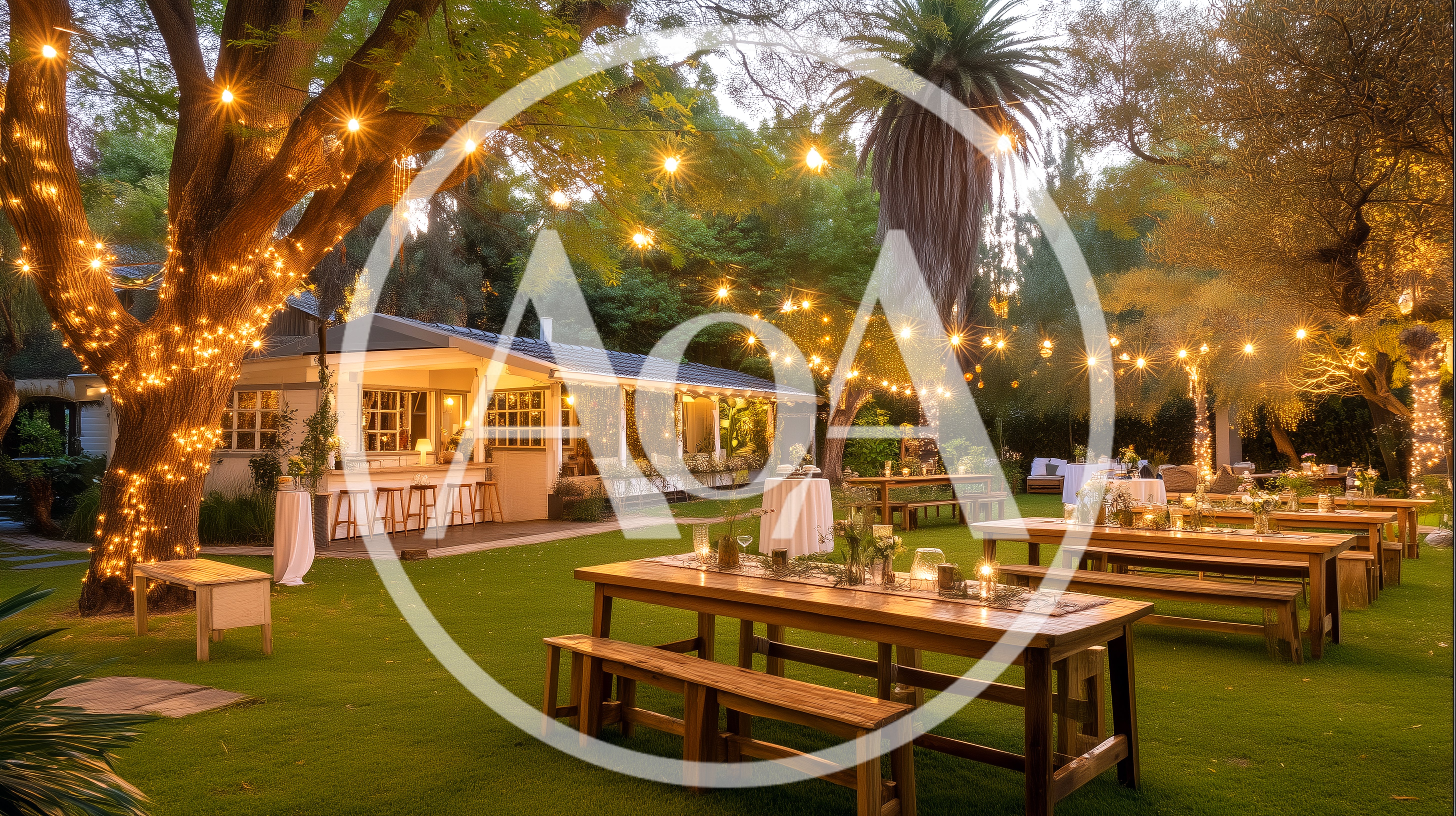 Outdoor Evening Wedding Reception Setup In Garden