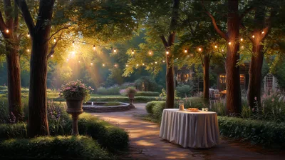 Elegant Garden Setting With String Lights At Sunset