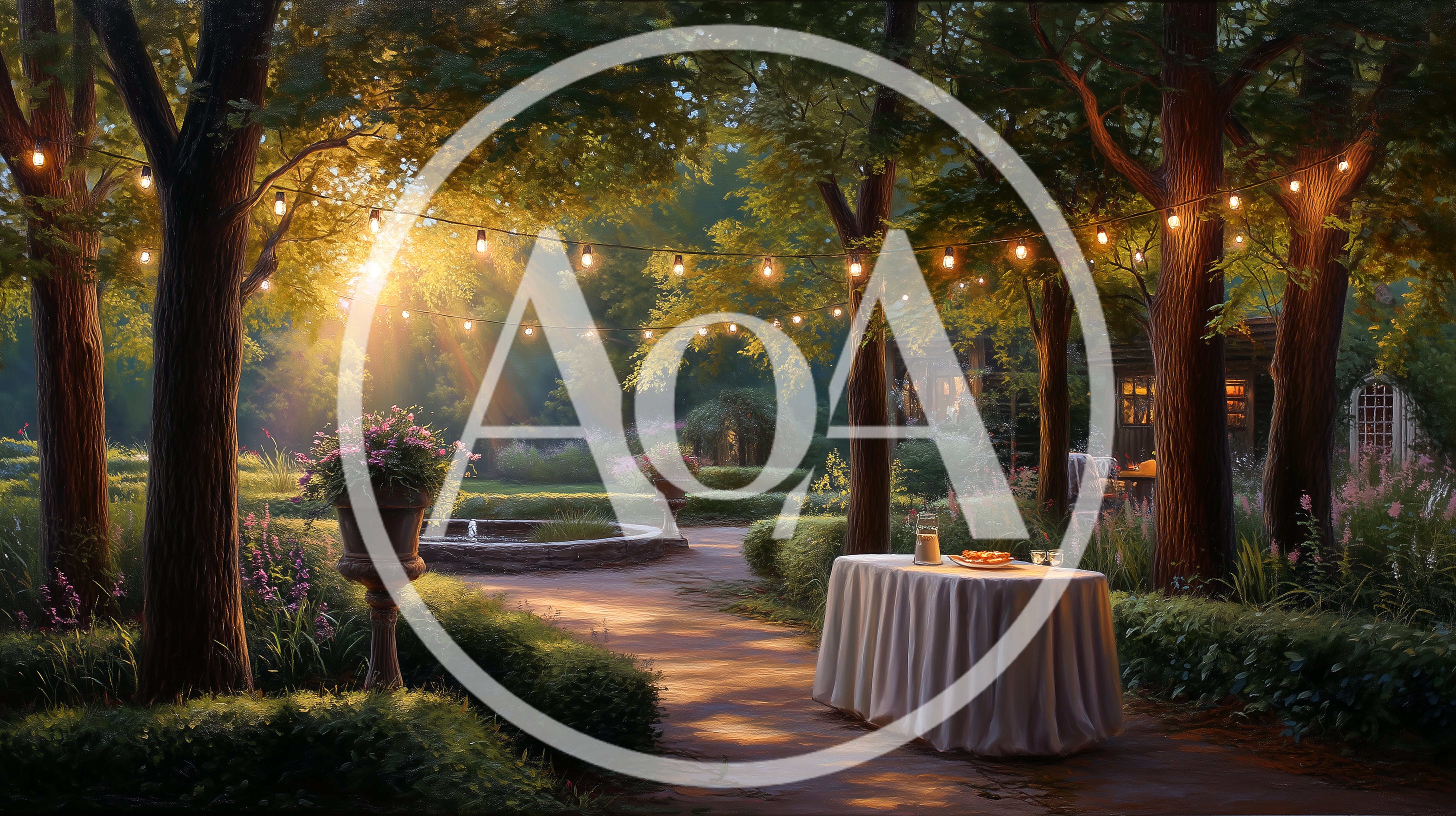 Elegant Garden Setting With String Lights At Sunset