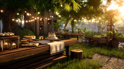 Outdoor Garden Party Setup With Cake And String Lights