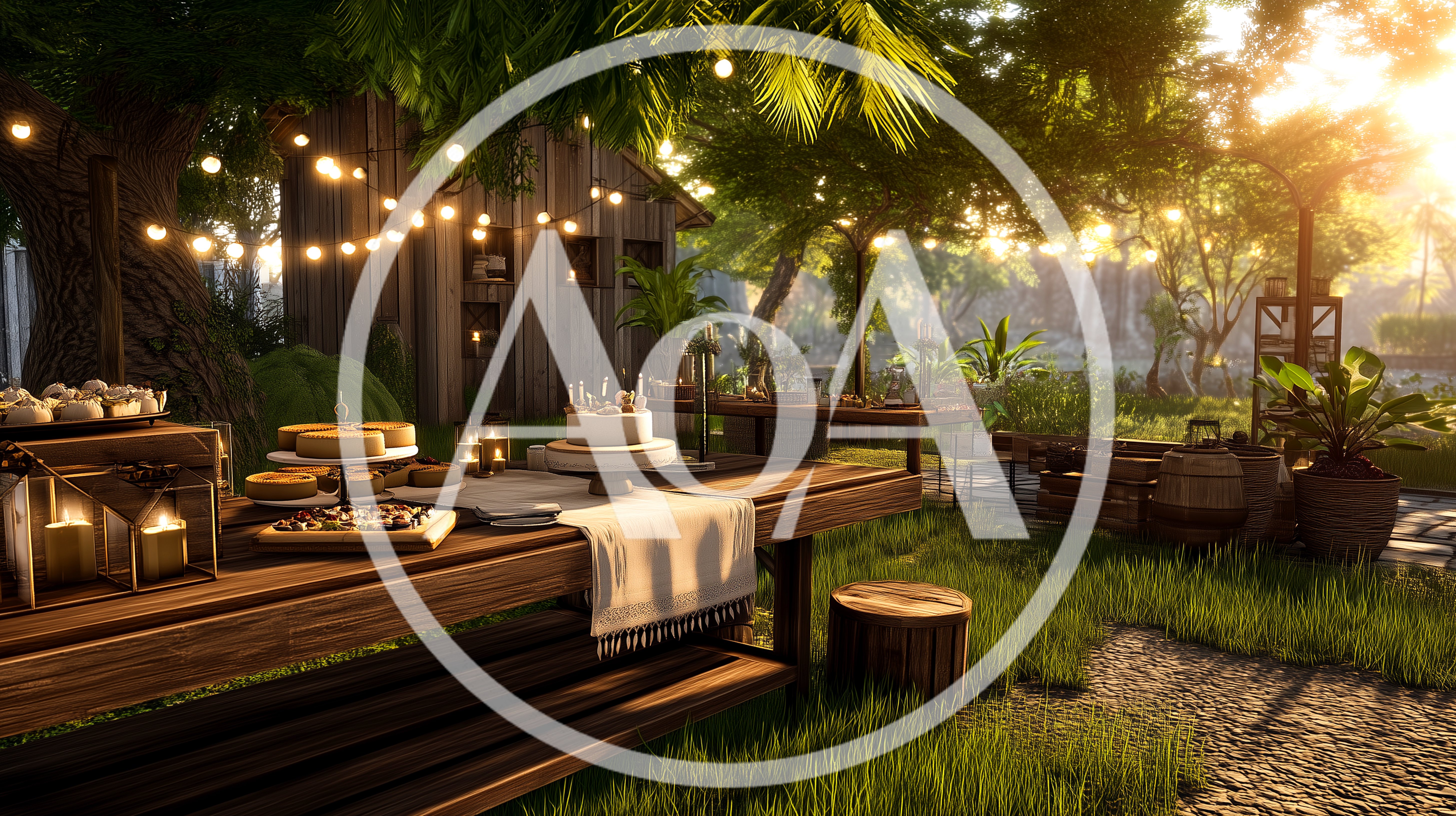 Outdoor Garden Party Setup With Cake And String Lights