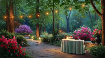 Romantic Outdoor Dining Table In A Lush Forest Garden