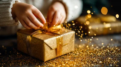 Child Hands Wrapping A Golden Gift Box With Glitter