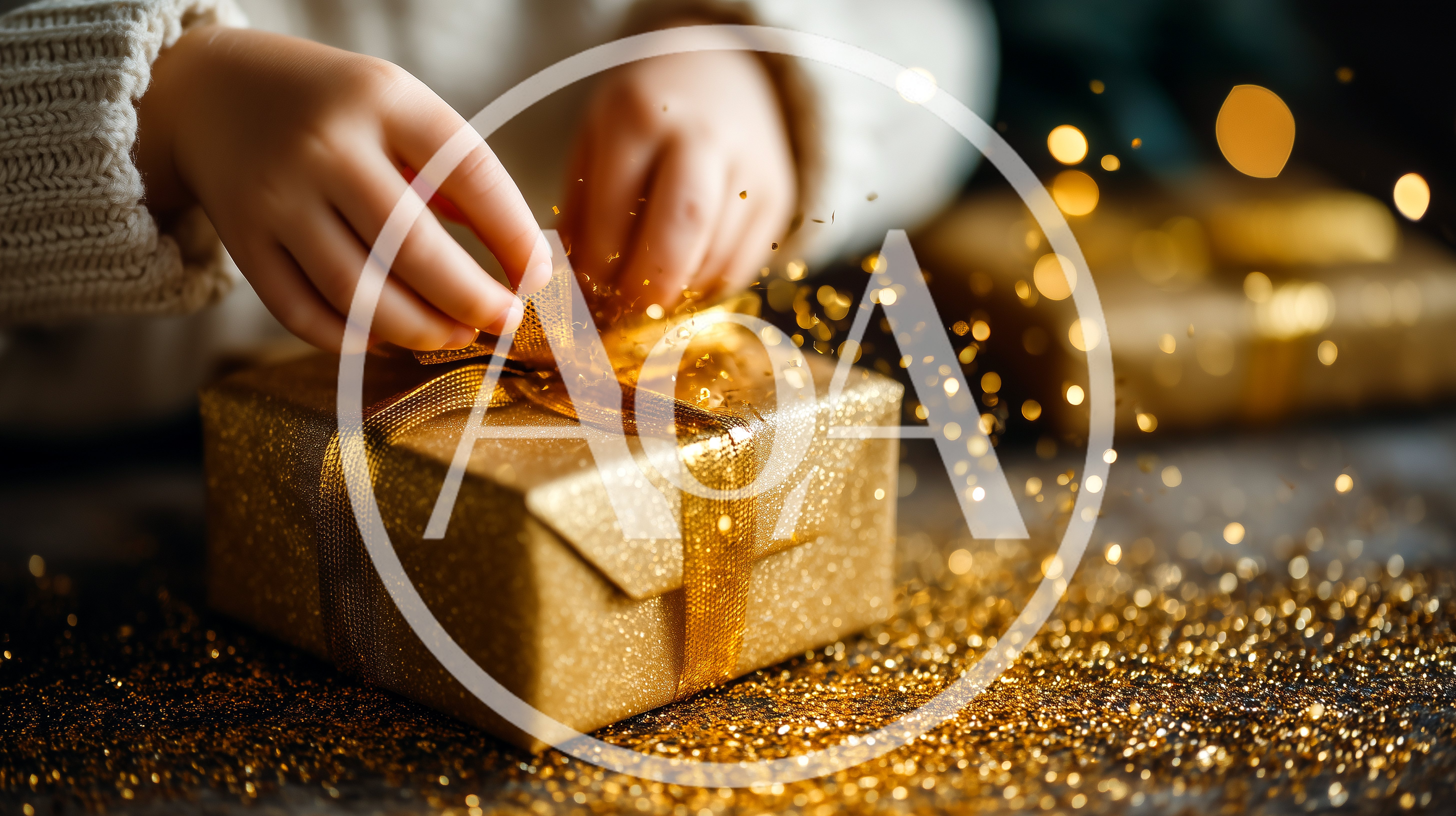 Child Hands Wrapping A Golden Gift Box With Glitter