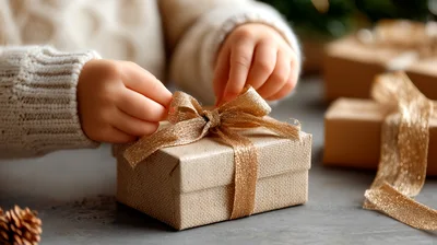 Child Hands Wrapping A Gift With Gold Ribbon