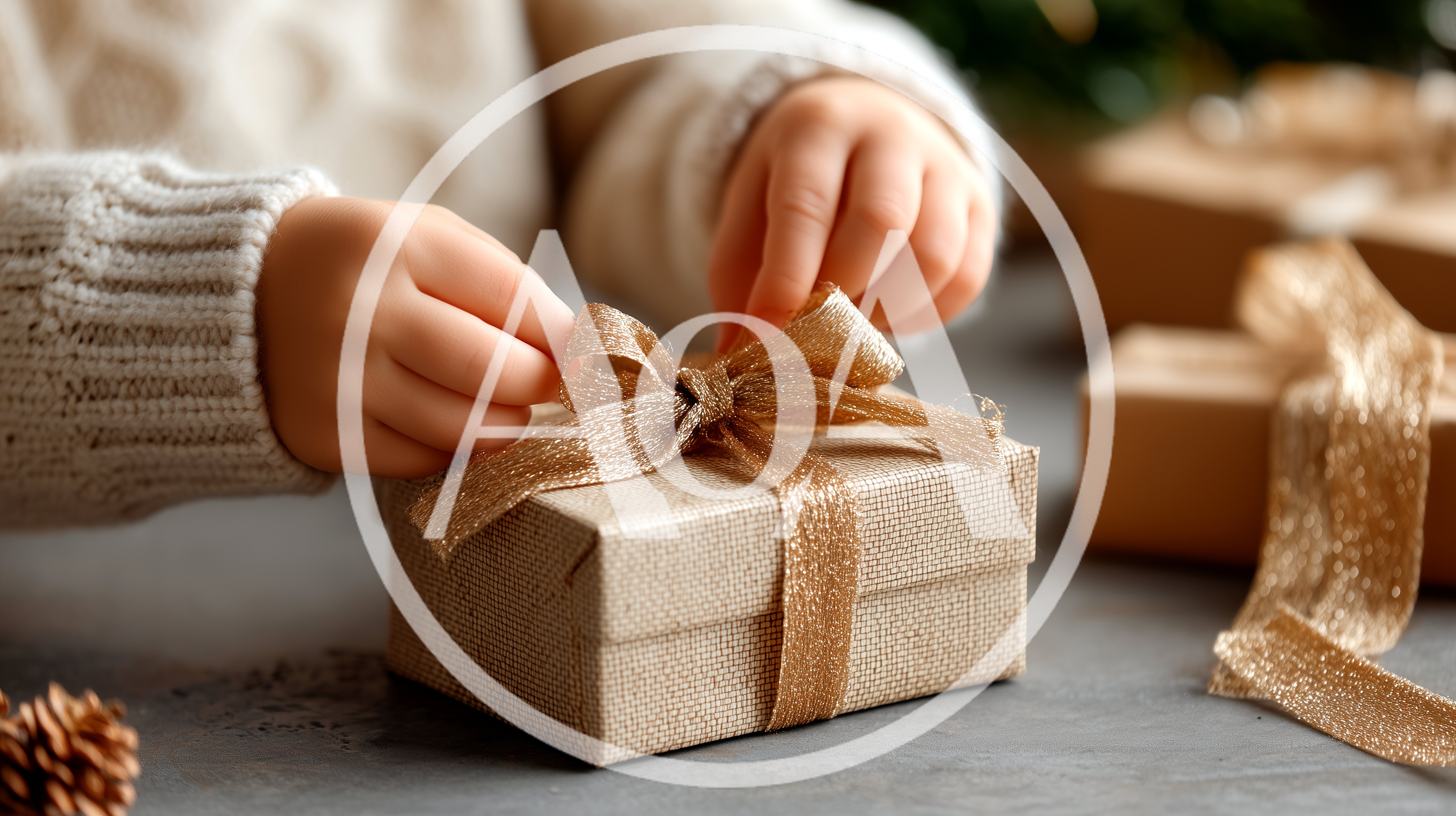 Child Hands Wrapping A Gift With Gold Ribbon