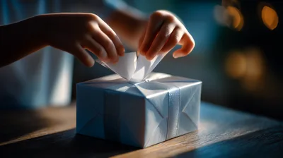 Child Hands Unwrapping A White Gift Box