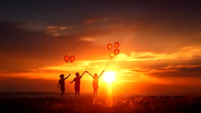 Three Children Holding Balloons Running In Sunset Field