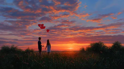 Couple Holding Heart Balloons In A Sunset Field