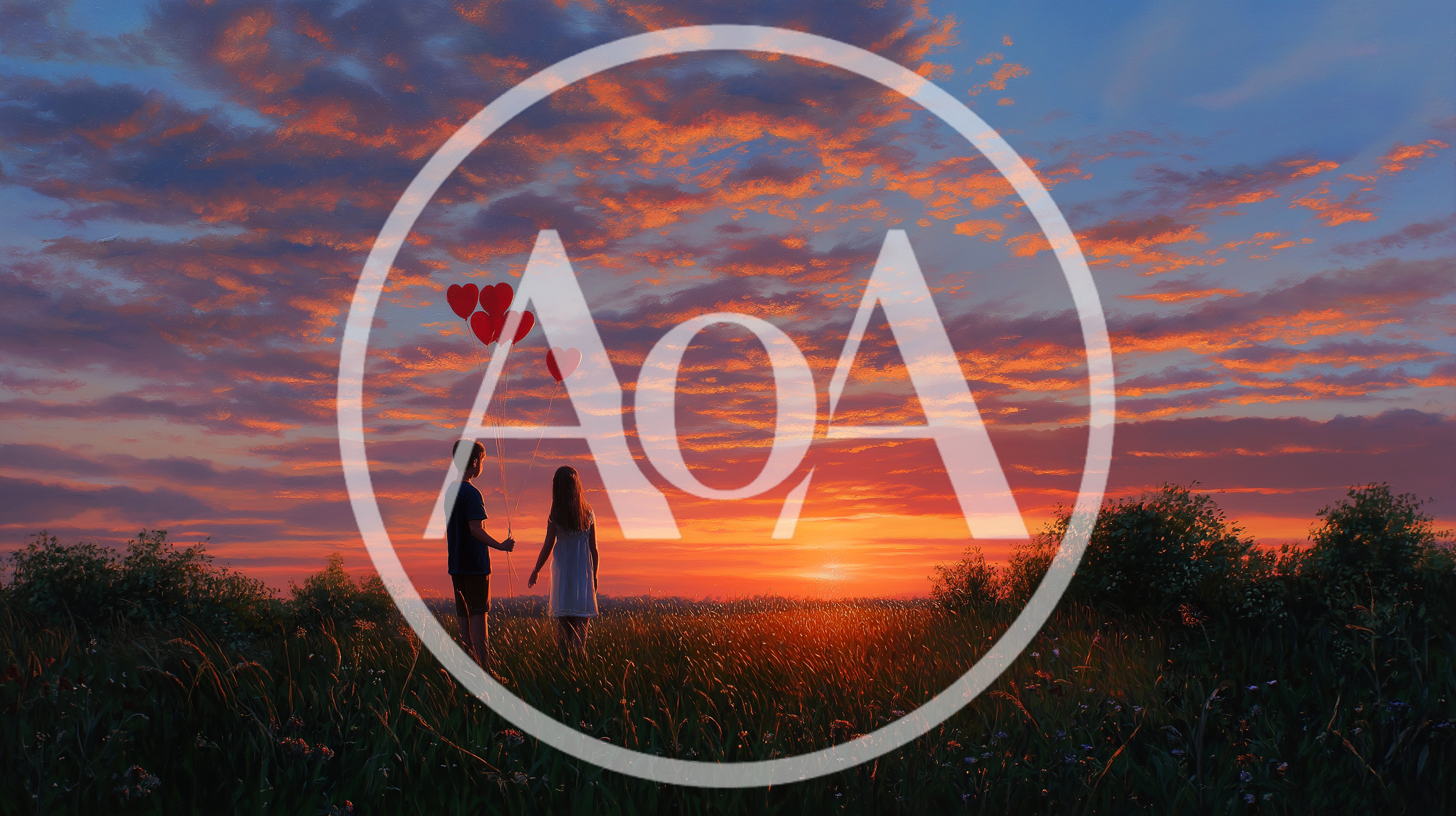Couple Holding Heart Balloons In A Sunset Field