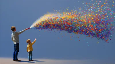 Two Children Releasing Colorful Confetti Against Blue Background