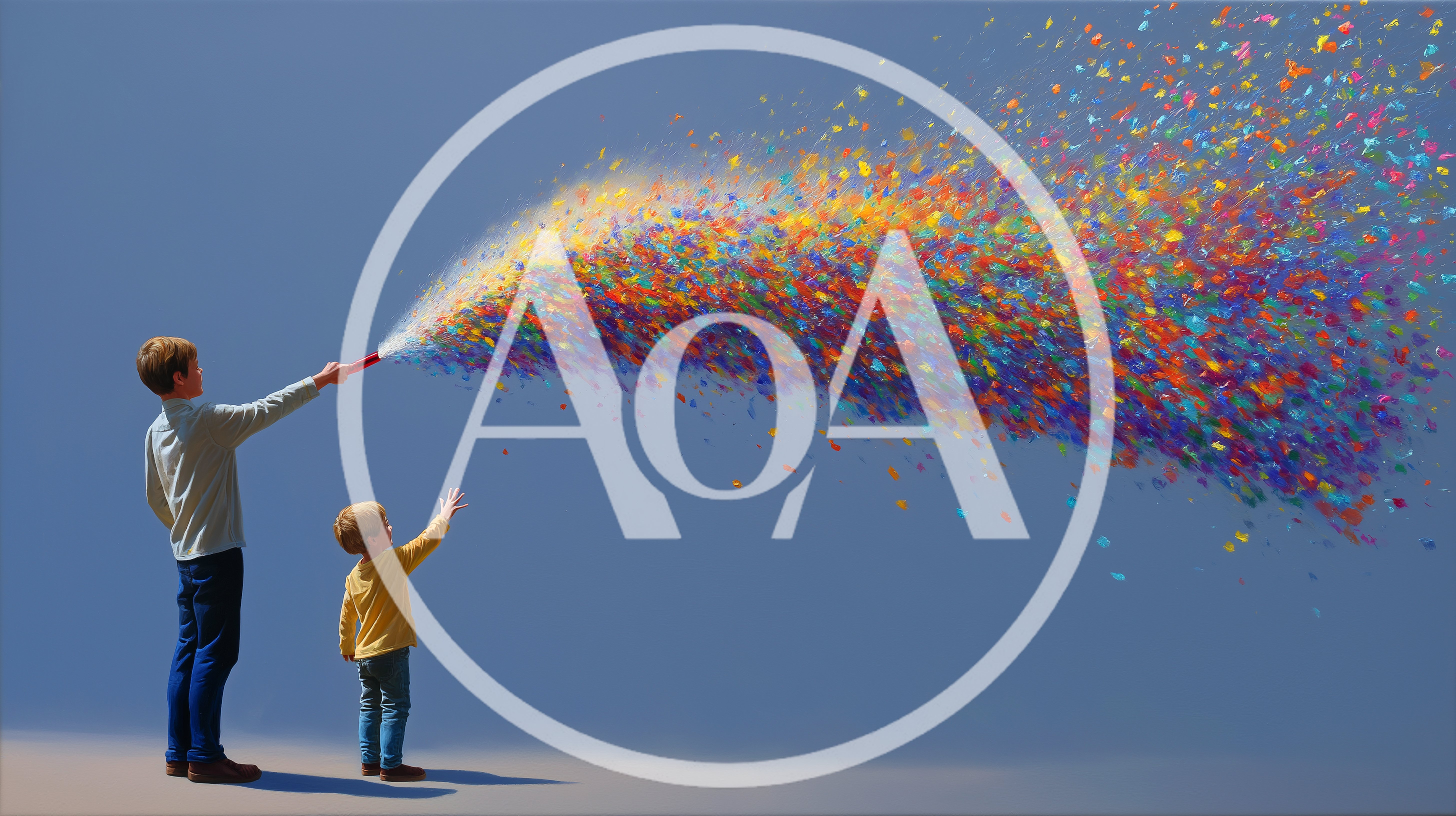 Two Children Releasing Colorful Confetti Against Blue Background