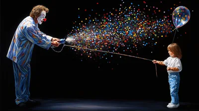 Clown Shooting Confetti At A Young Child Holding Balloon