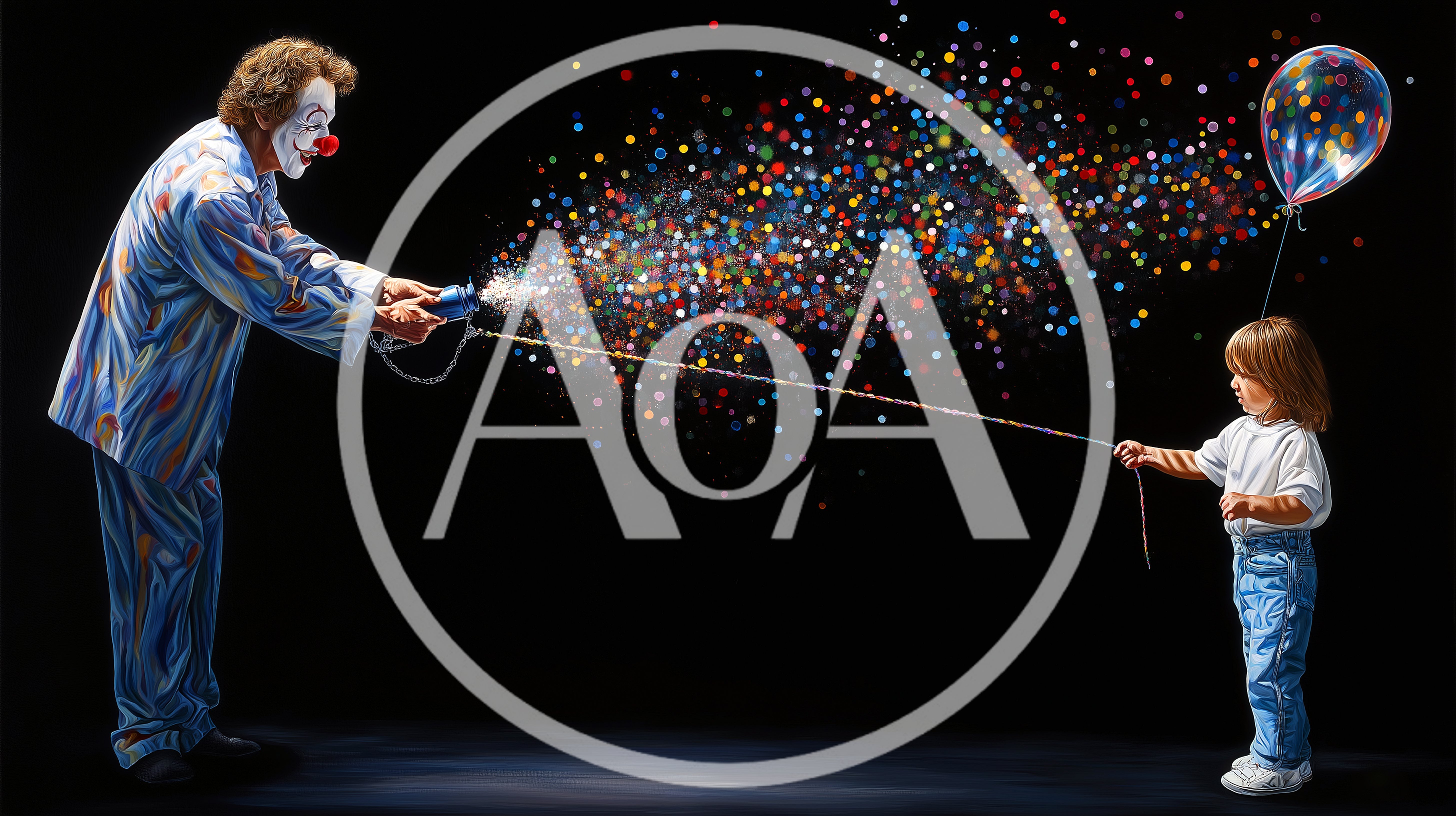 Clown Shooting Confetti At A Young Child Holding Balloon