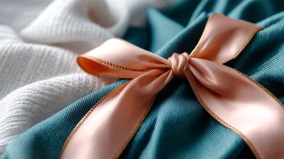 Pink Satin Ribbon Bow on Teal Fabric