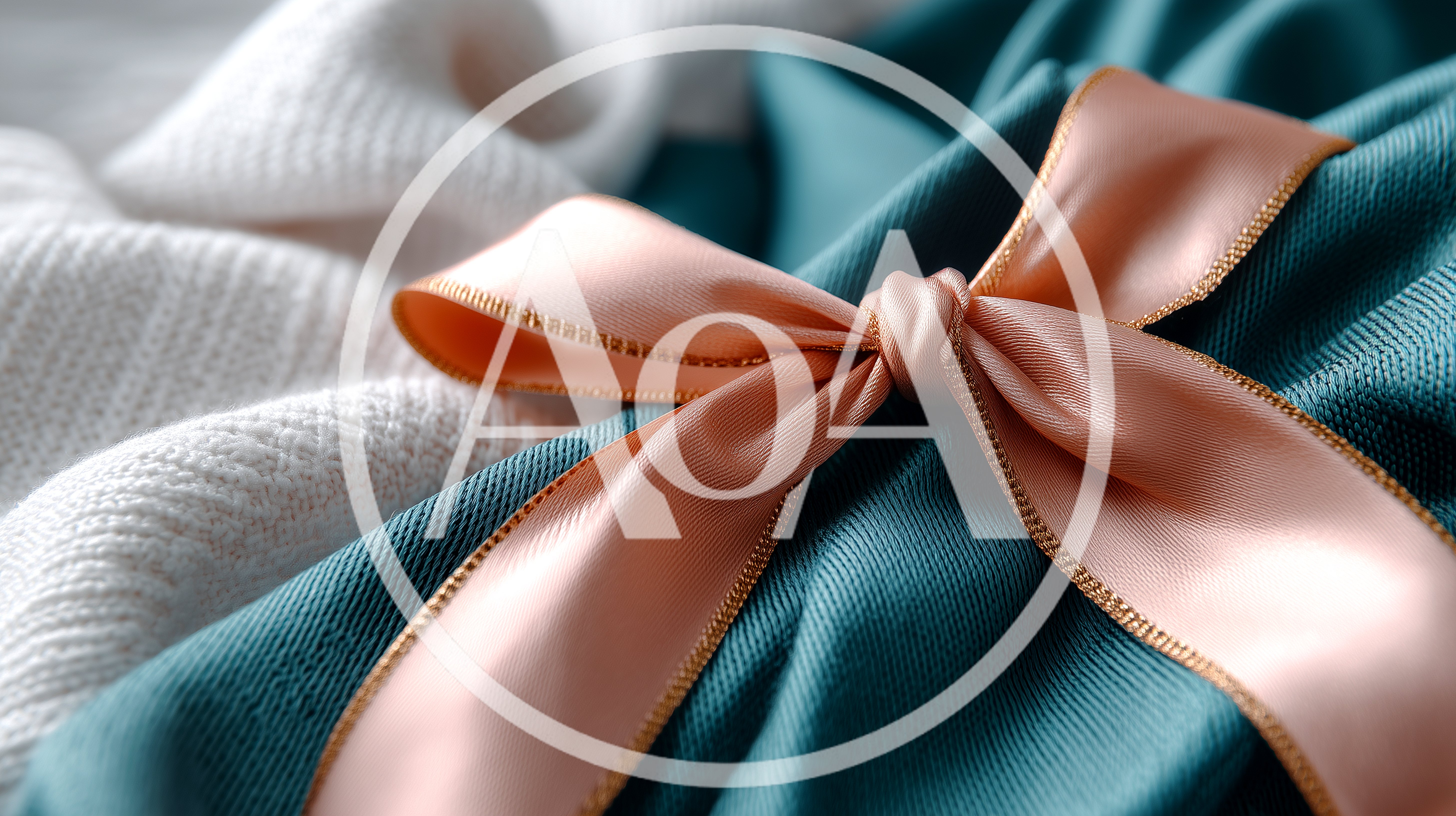 Pink Satin Ribbon Bow on Teal Fabric