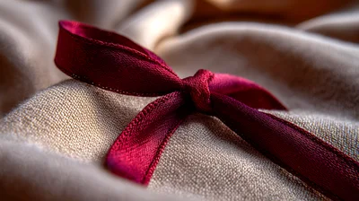 Deep Red Ribbon Tied On Textured Beige Fabric
