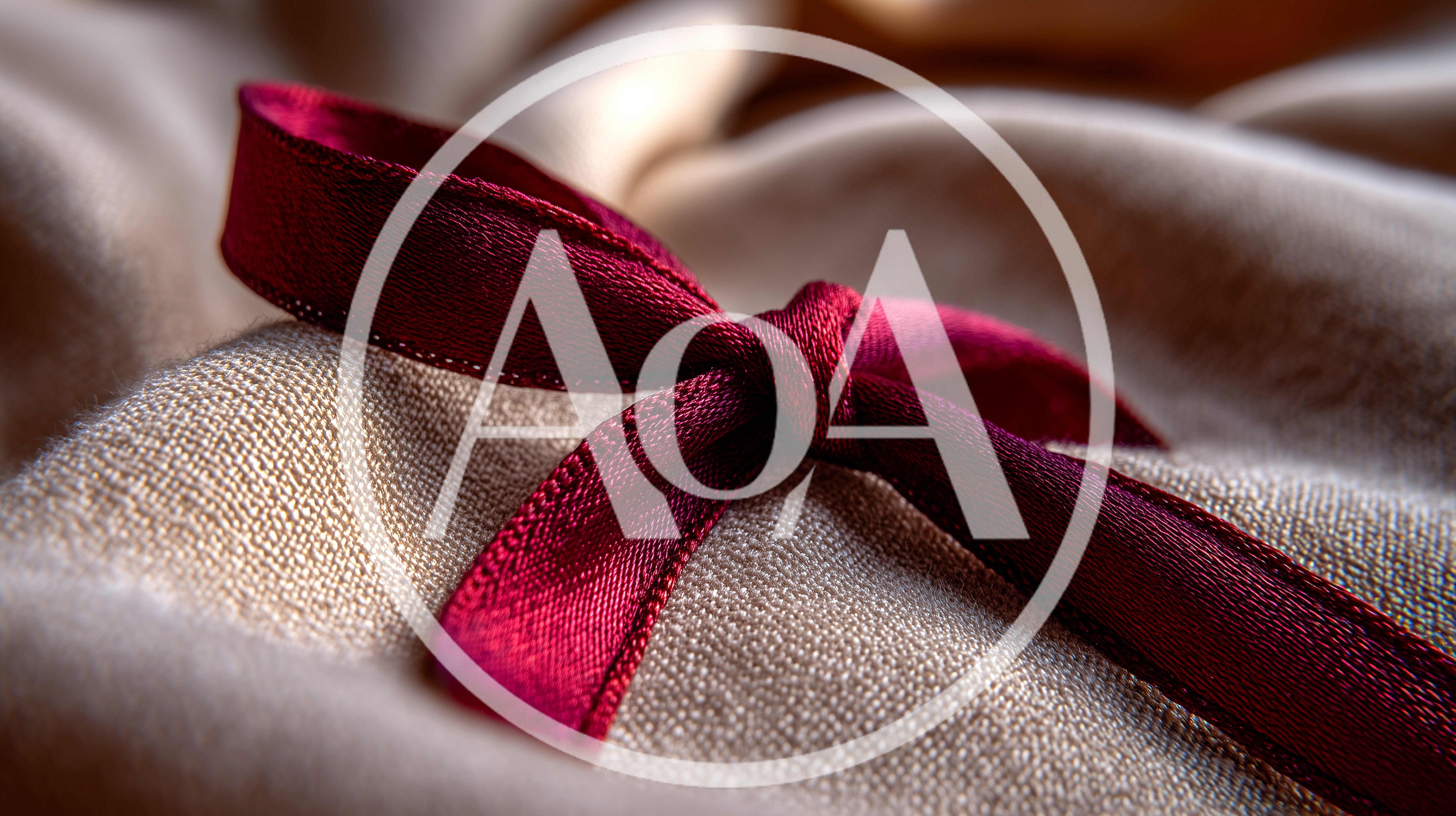 Deep Red Ribbon Tied On Textured Beige Fabric