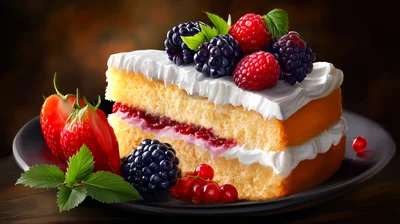 Slice Of Sponge Cake Topped With Fresh Berries