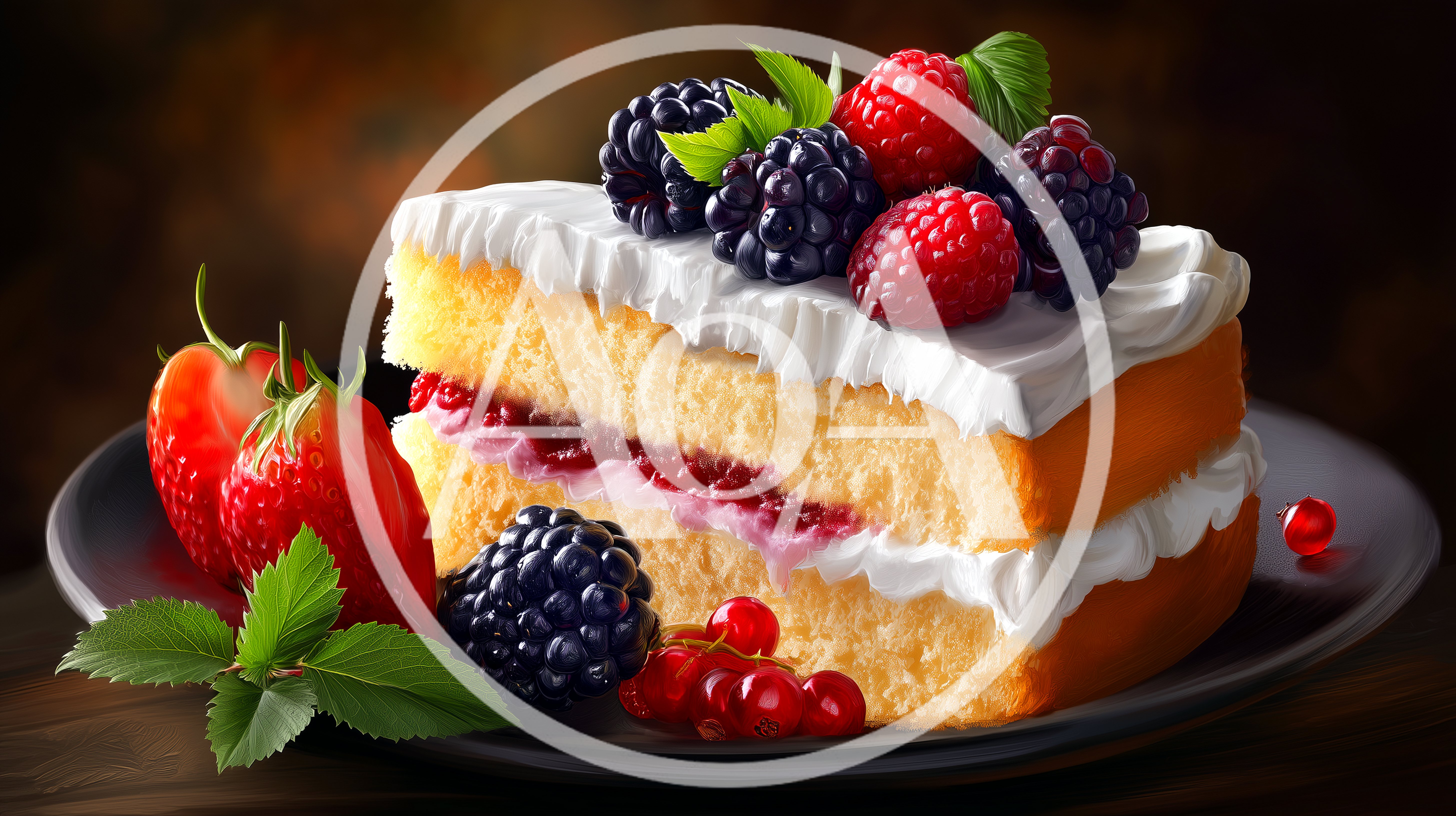 Slice Of Sponge Cake Topped With Fresh Berries