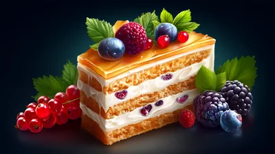 Slice Of Layered Sponge Cake With Fresh Berries