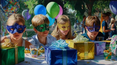 Children Wearing Masquerade Masks at a Birthday Party