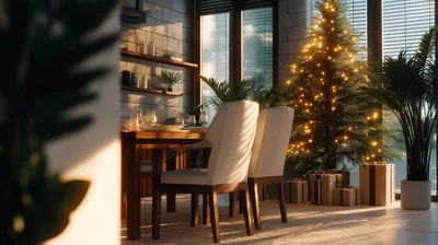 Dining Room With Christmas Tree And Festive Decor