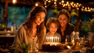 Family Celebrating Birthday With Cake And Candles