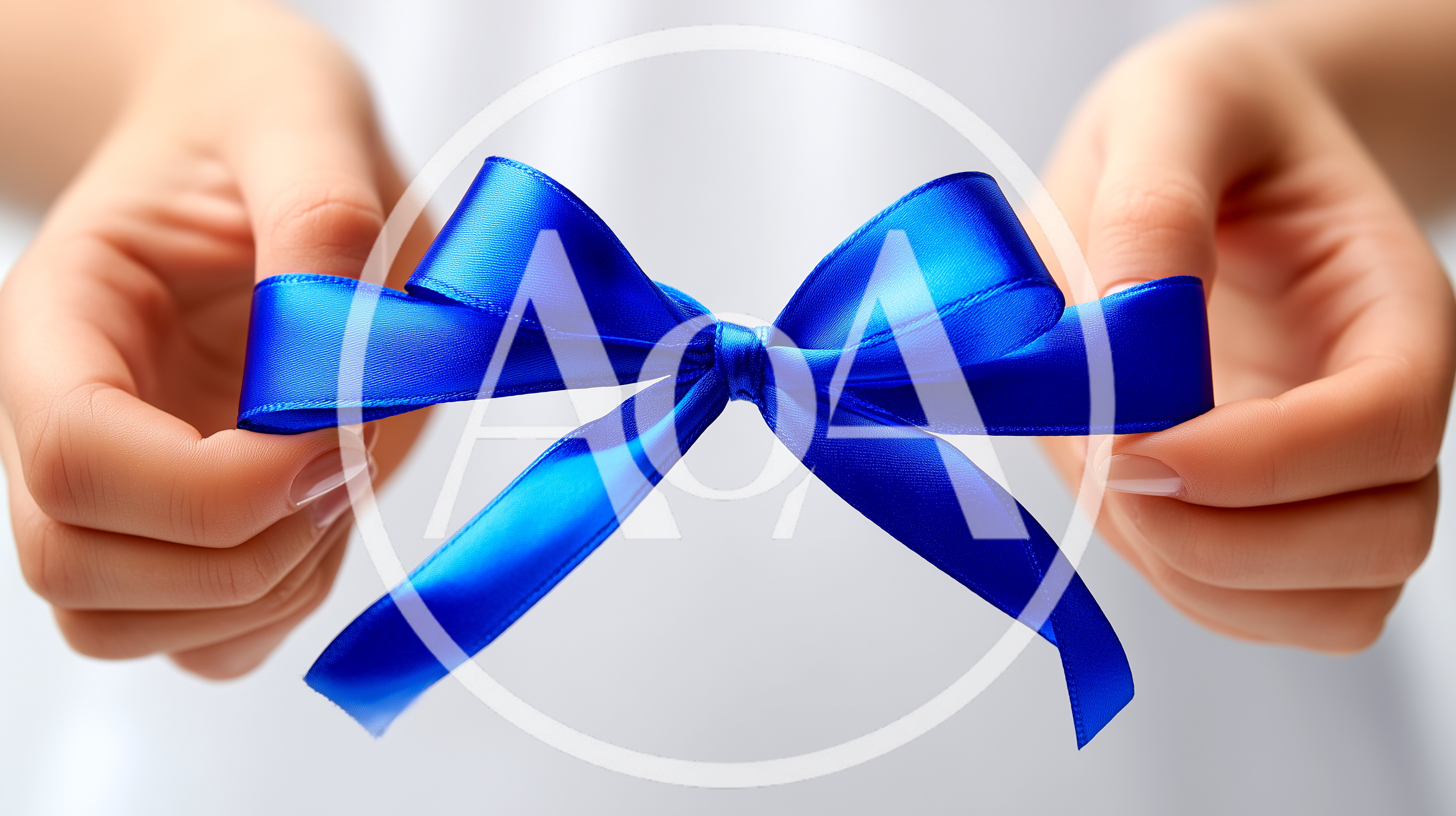 Hands Holding A Bright Blue Satin Ribbon Bow
