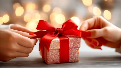 Hands Opening A Gift Box With Red Ribbon