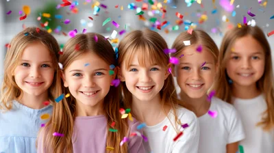Five Happy Young Girls Celebrating With Colorful Confetti