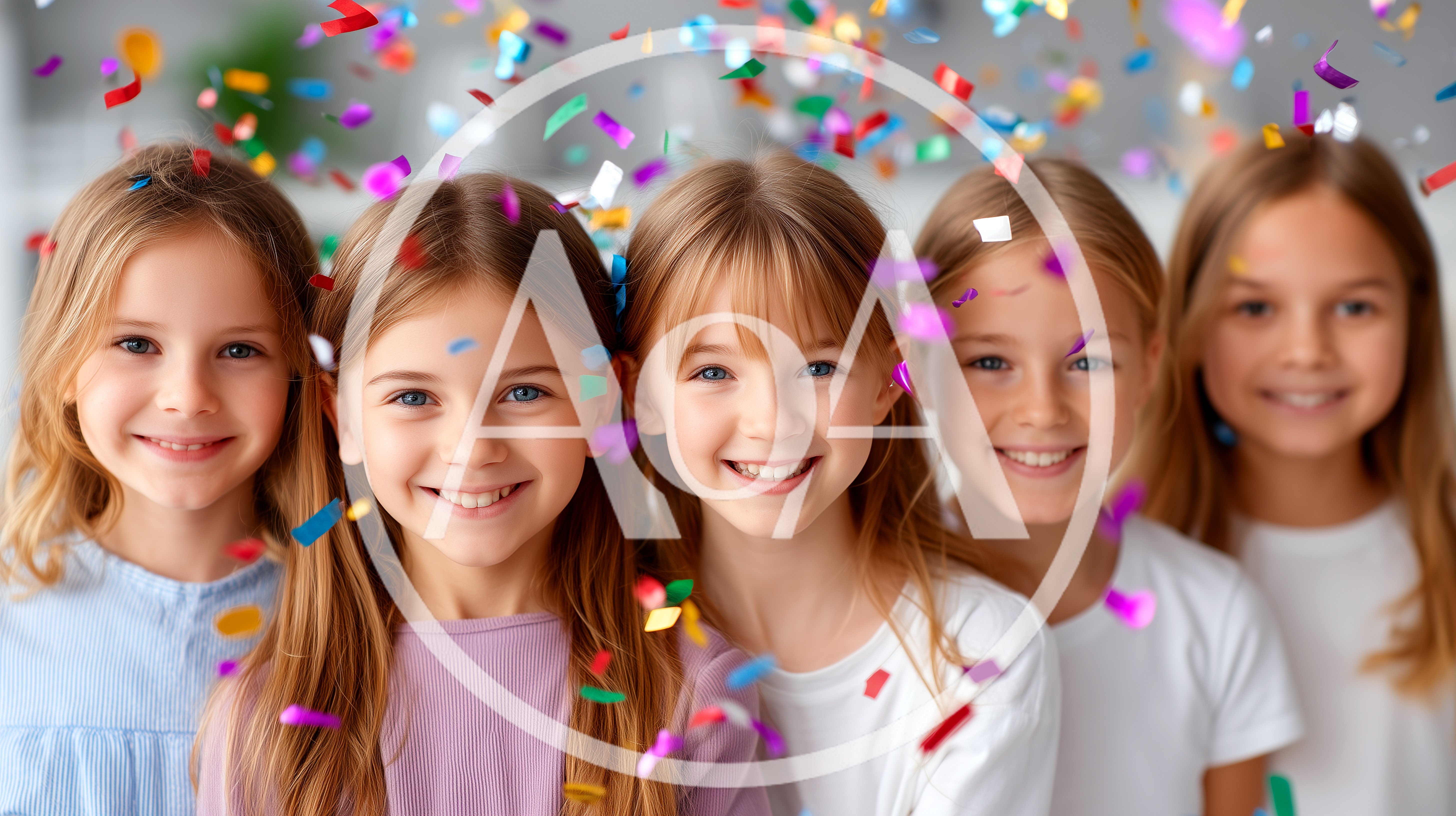 Five Happy Young Girls Celebrating With Colorful Confetti