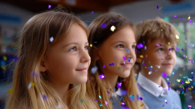 Three Happy Children Watching Falling Confetti Indoors