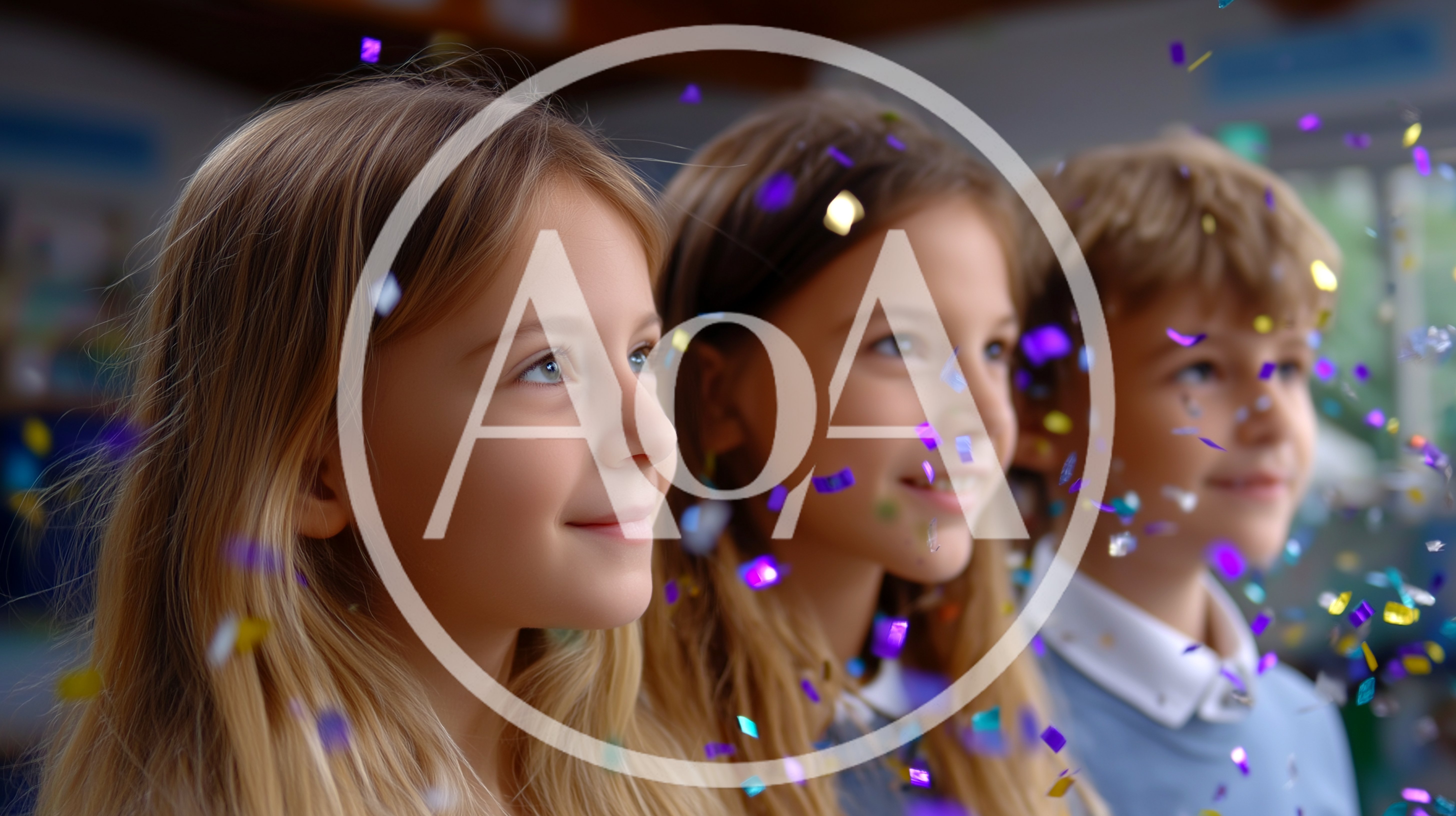 Three Happy Children Watching Falling Confetti Indoors