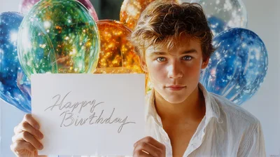 Young Man Holding Happy Birthday Sign With Balloons