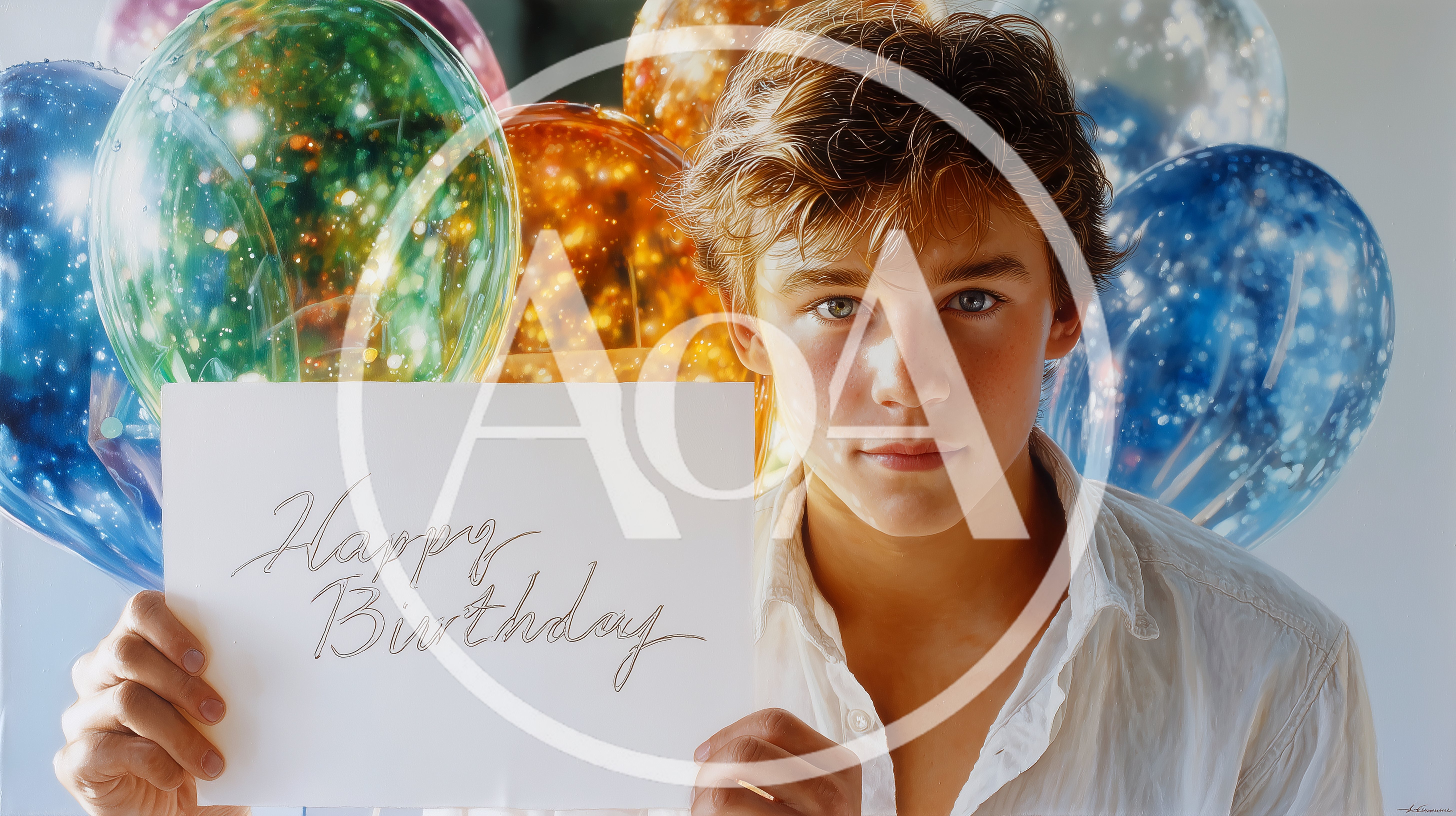Young Man Holding Happy Birthday Sign With Balloons