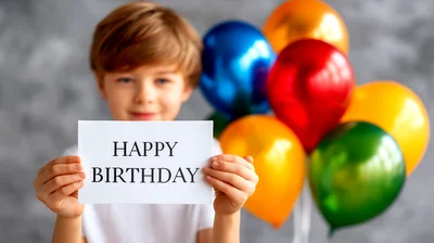 Young Boy Holding Happy Birthday Sign With Colorful Balloons