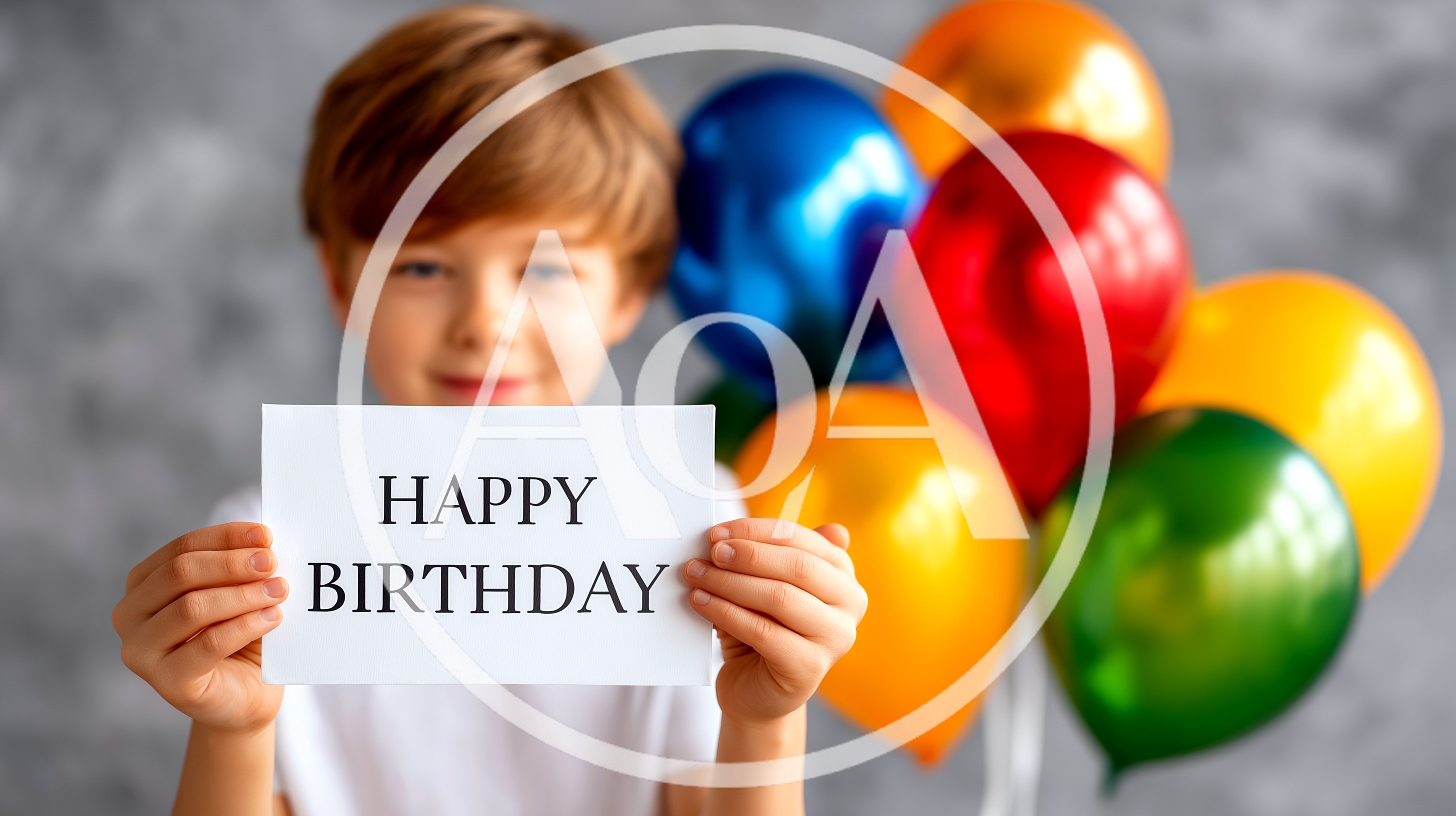 Young Boy Holding Happy Birthday Sign With Colorful Balloons