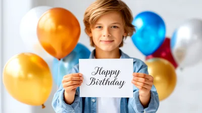 Young Boy Holding Happy Birthday Sign With Balloons