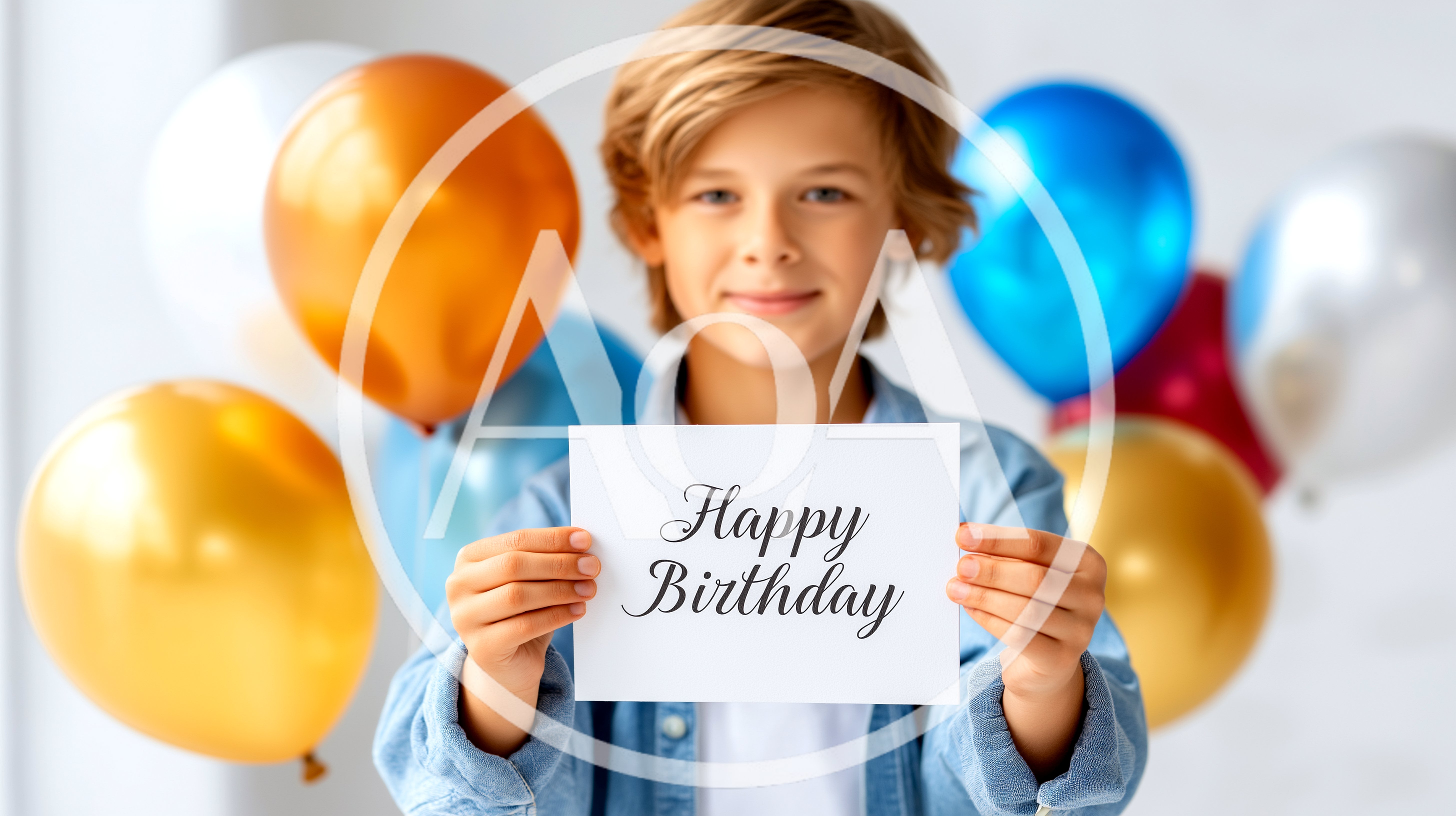 Young Boy Holding Happy Birthday Sign With Balloons