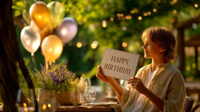 Young Person Holding Happy Birthday Sign Outdoors