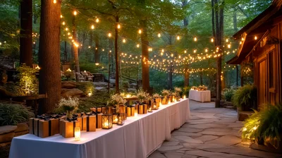 Outdoor Wedding Reception Table With String Lights