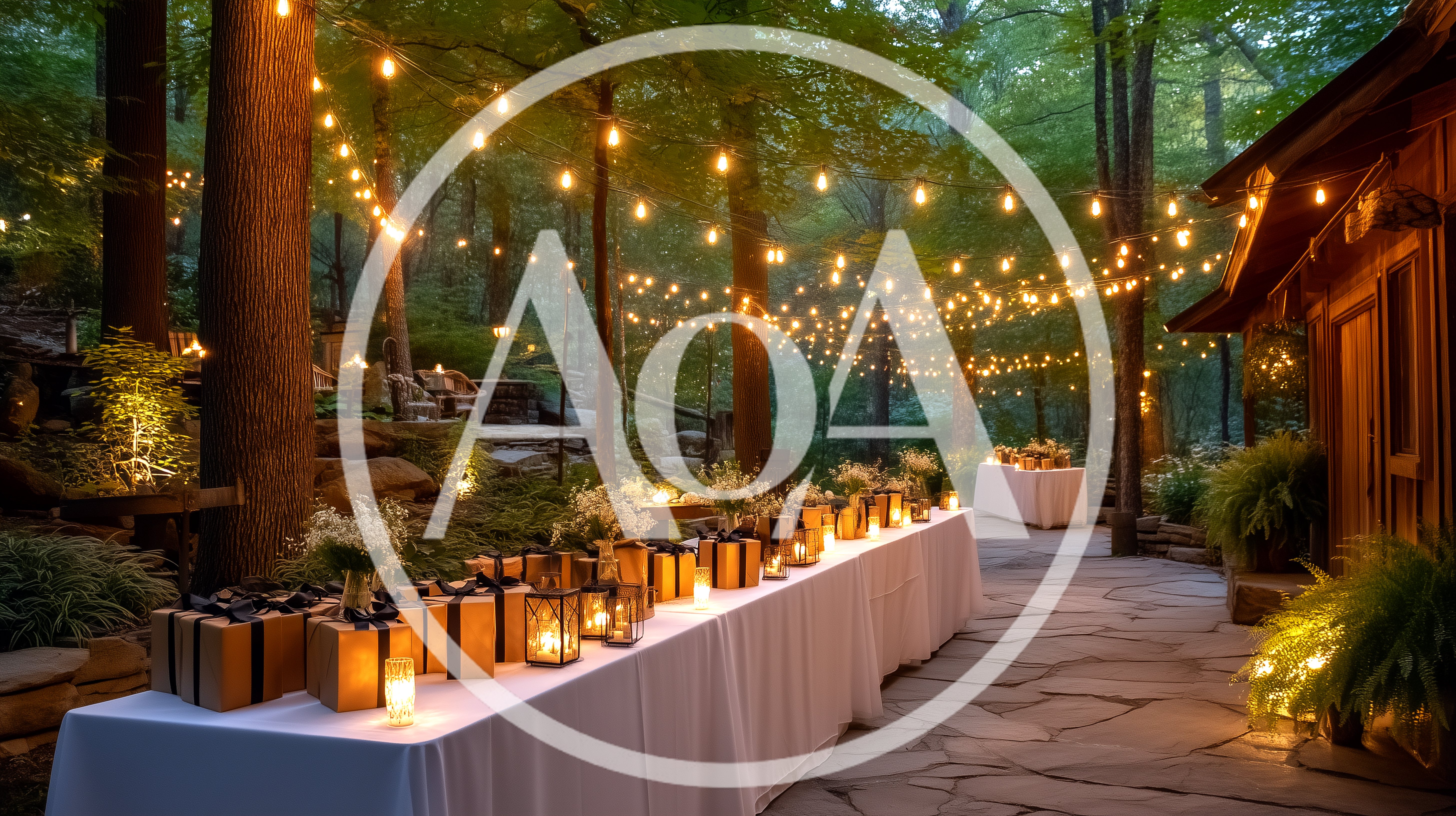 Outdoor Wedding Reception Table With String Lights