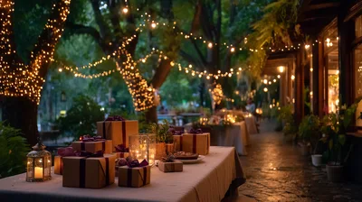 Outdoor Evening Celebration With Gift Boxes And String Lights