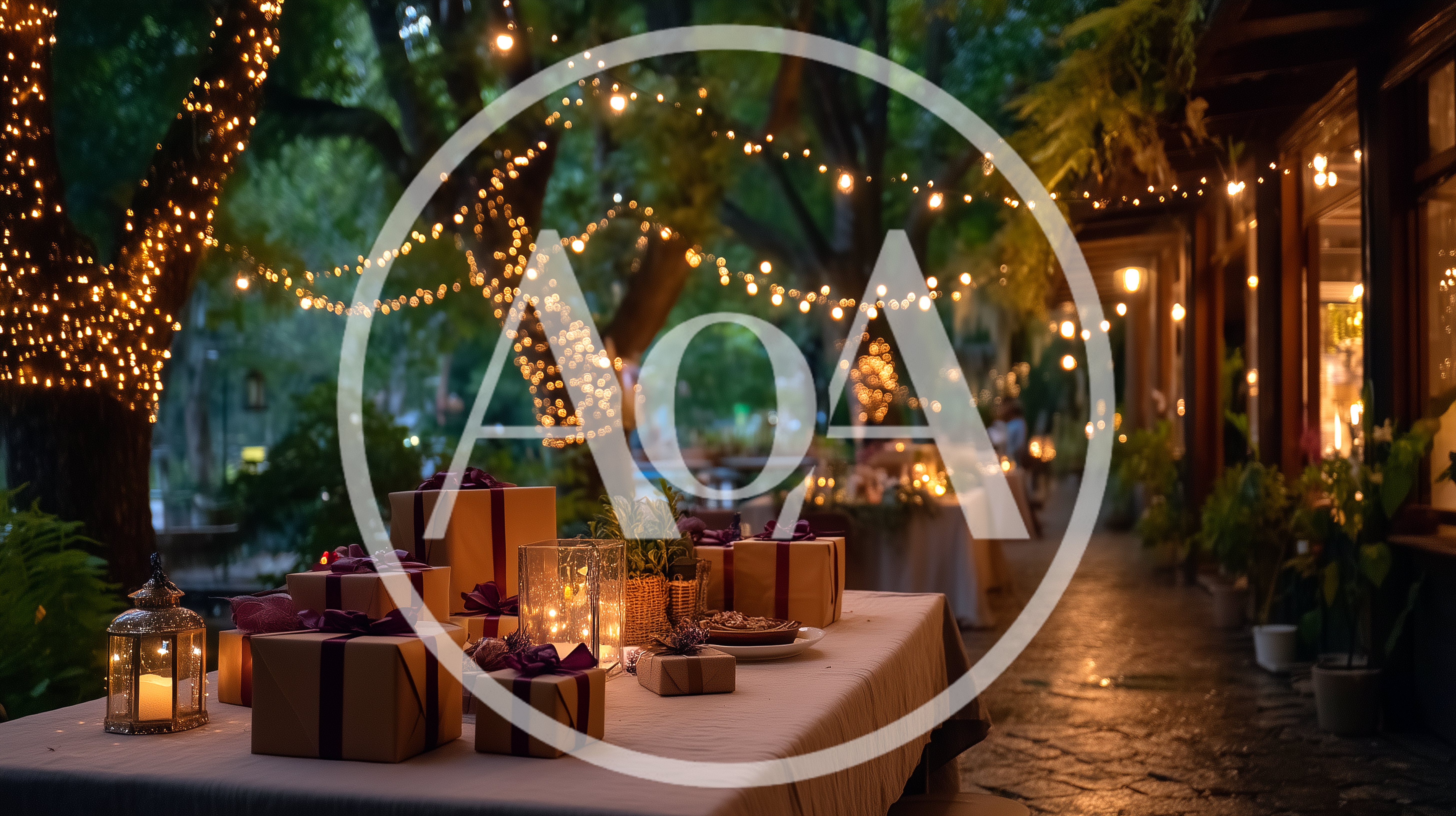 Outdoor Evening Celebration With Gift Boxes And String Lights