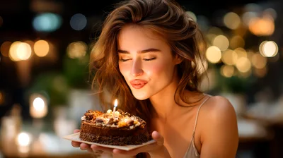 Young Woman Blowing Out Candle On Birthday Cake