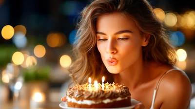 Young Woman Blowing Out Candles On Birthday Cake